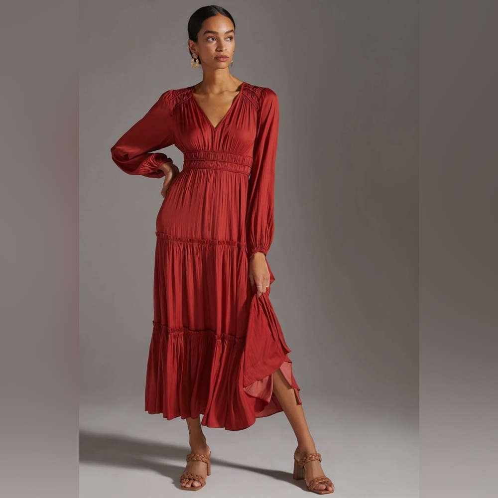 Anthropologie V Neck Tiered Maxi Dress in Rust Color